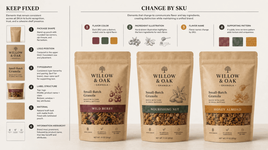 pa7 – WeShop AI Blog Packaging brand system board showing fixed granola pouch elements and changeable flavor colors, names, illustrations, and patterns.