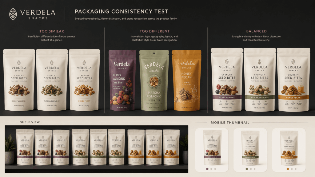 pa8 – WeShop AI Blog Packaging consistency test comparing snack pouches that are too similar, too different, and balanced across shelf and mobile views.