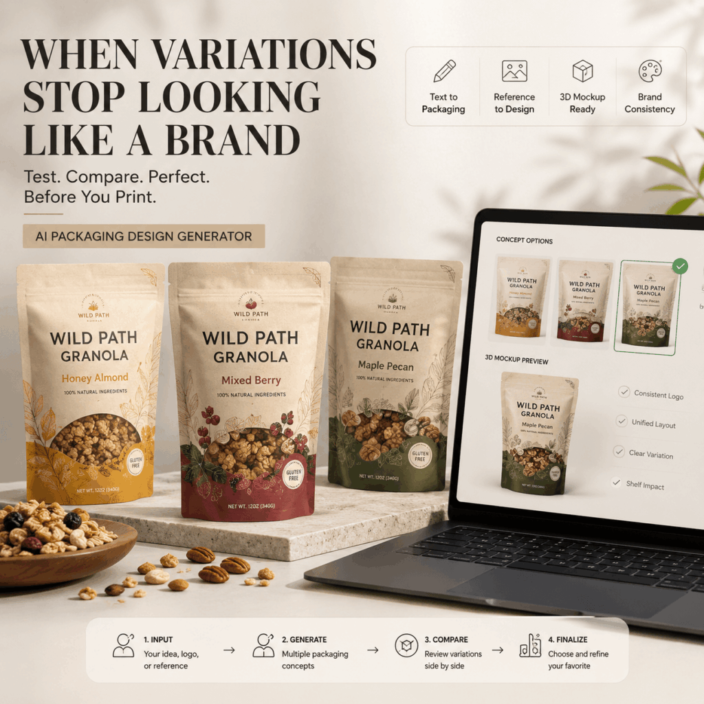 AI Packaging Design Generator Brand Consistency Test – WeShop AI Blog AI Packaging Design Generator comparing three coordinated granola pouch designs for brand consistency before printing.