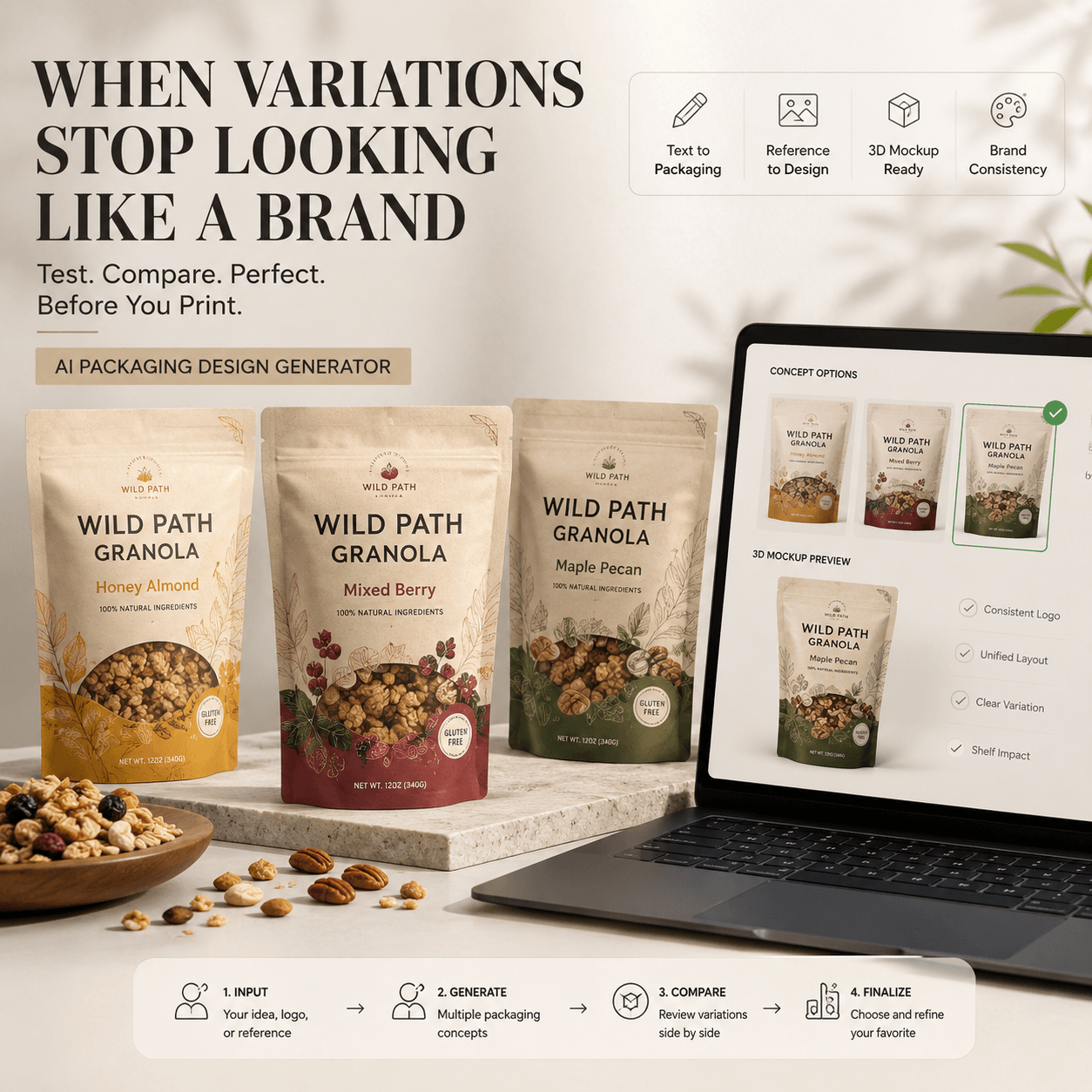 AI Packaging Design Generator comparing three coordinated granola pouch designs for brand consistency before printing.