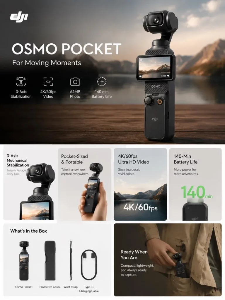 pp3 – WeShop AI Blog DJI Osmo Pocket product detail page featuring stabilization, 4K video, battery life, portability, accessories, and lifestyle use.