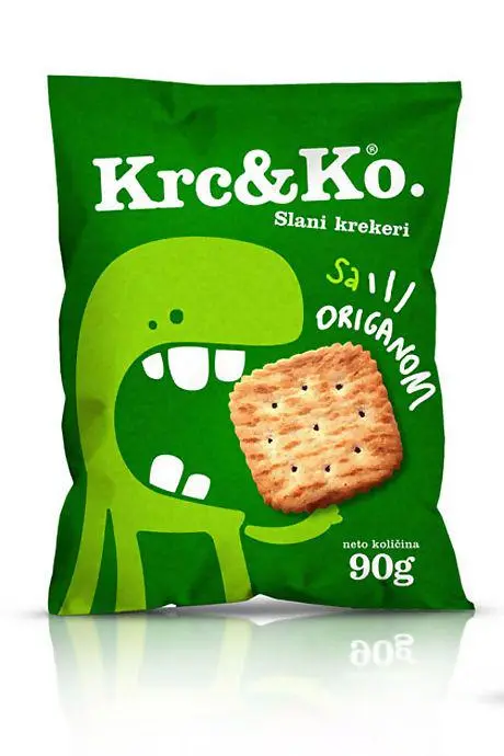pp4 – WeShop AI Blog Green Krc and Ko oregano cracker bag featuring a playful character illustration and a square cracker on the front.