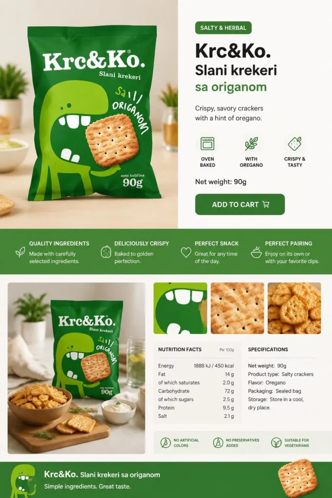 pp5 – WeShop AI Blog Krc and Ko oregano cracker product page showing product benefits, ingredients, nutrition facts, specifications, and serving ideas.