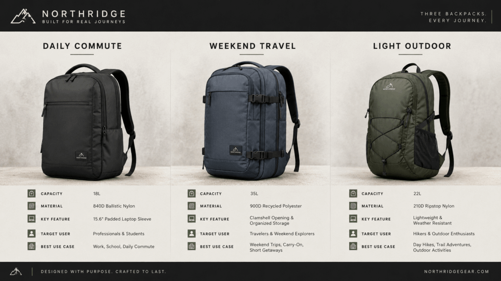 pp6 – WeShop AI Blog Three Northridge backpacks compared for daily commuting, weekend travel, and light outdoor use with different specifications and features.