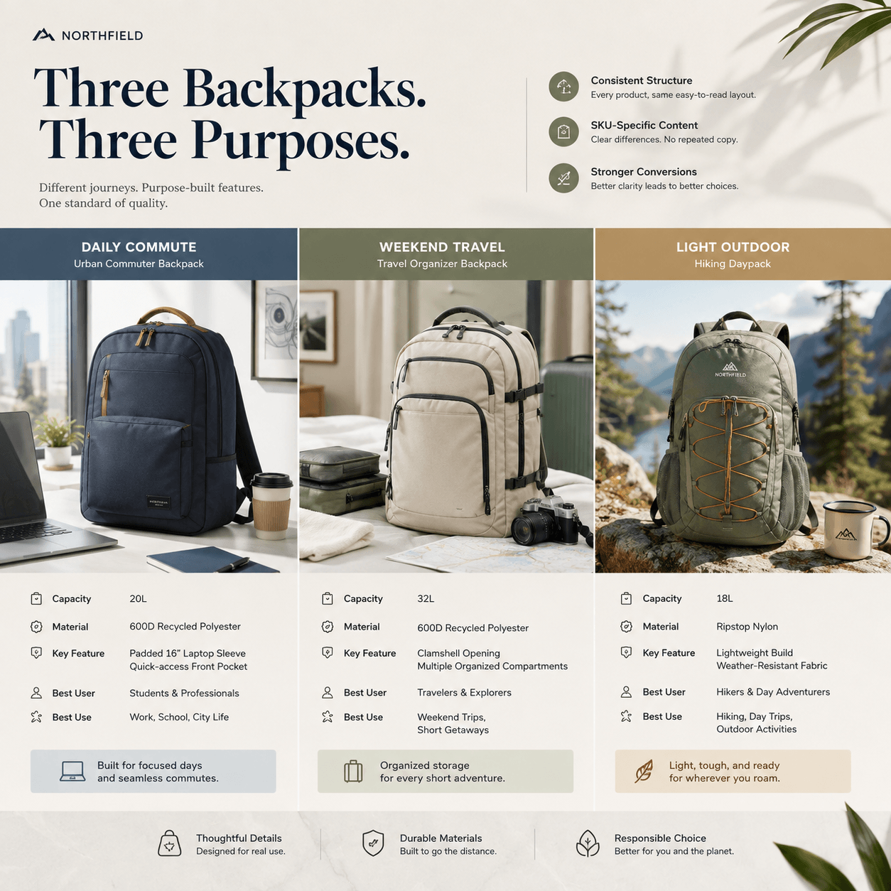 Three backpacks for daily commuting, weekend travel, and light outdoor use shown with distinct features, capacities, and target users.