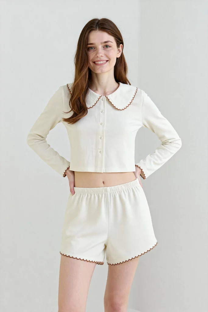 Woman wearing a cream cropped pajama set in a studio before the maternity fit transformation.