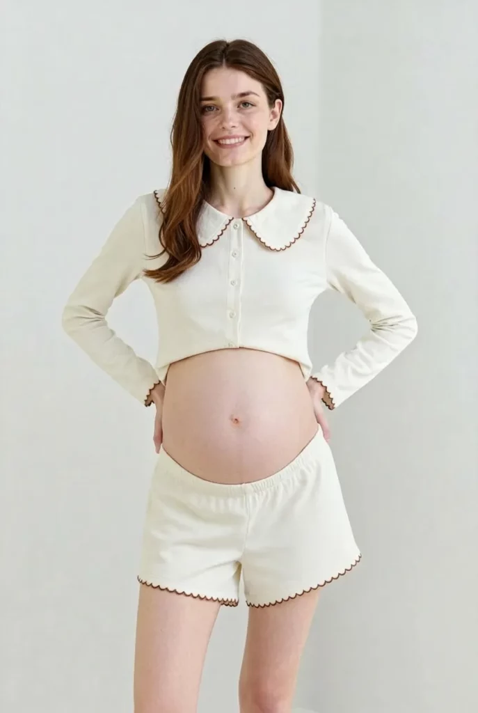 Same woman wearing the cream pajama set with a natural baby bump and adjusted maternity fit.