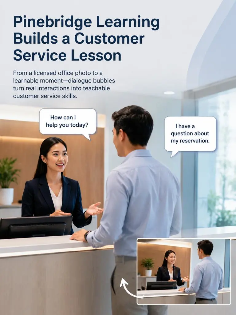 se – WeShop AI Blog Customer service training poster showing a receptionist and customer with speech bubbles used to turn a real interaction into a teachable lesson.