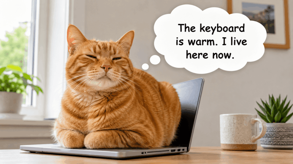 sr – WeShop AI Blog Orange tabby cat sitting on a laptop with a thought bubble that says “The keyboard is warm. I live here now.”