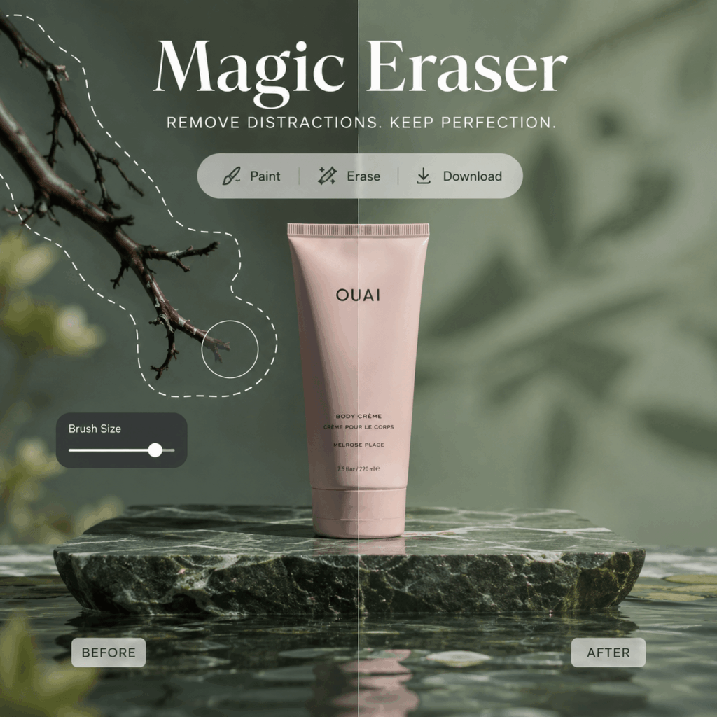 Magic Eraser for Product Photo Cleanup – WeShop AI Blog Magic Eraser before-and-after product photo showing a distracting branch selected and removed beside a pink skincare tube.