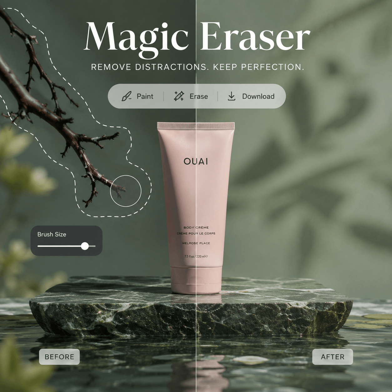 Magic Eraser before-and-after product photo showing a distracting branch selected and removed beside a pink skincare tube.